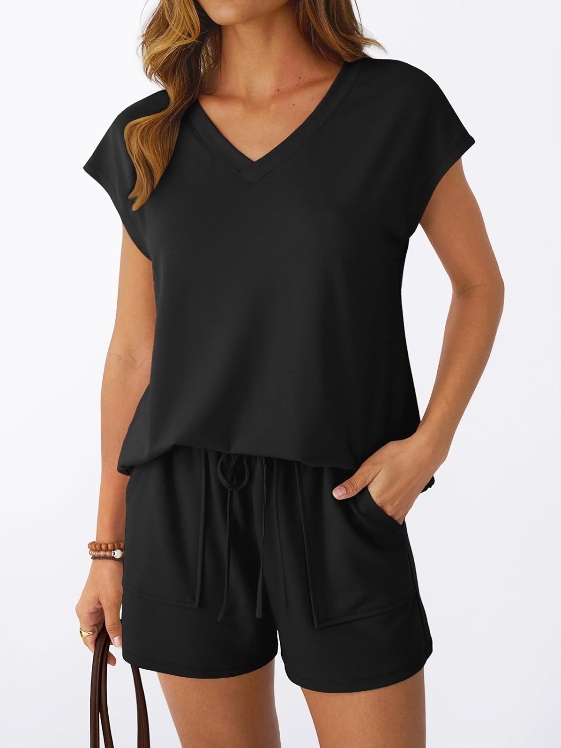 2 Piece V Neck Cap Sleeve Shirt and Shorts Set Womens Matching Summer Lounge Sets