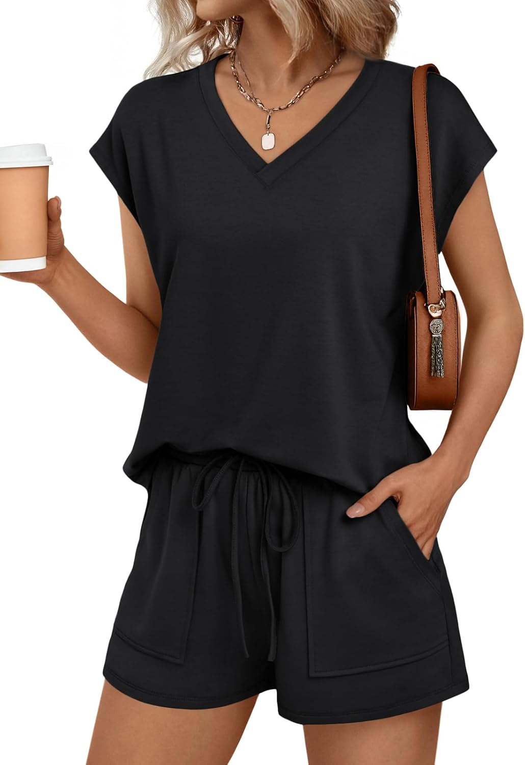 2 Piece V Neck Cap Sleeve Shirt and Shorts Set Womens Matching Summer Lounge Sets