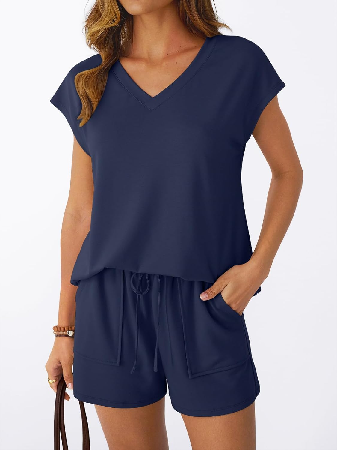 2 Piece V Neck Cap Sleeve Shirt and Shorts Set Womens Matching Summer Lounge Sets