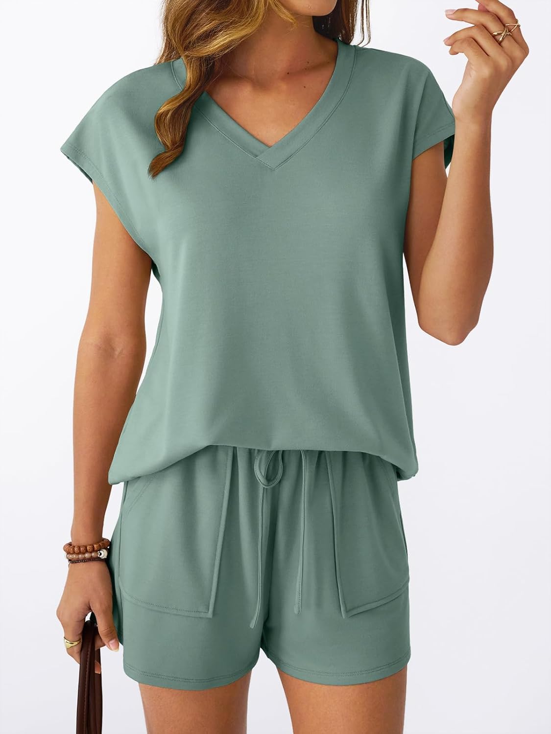 2 Piece V Neck Cap Sleeve Shirt and Shorts Set Womens Matching Summer Lounge Sets