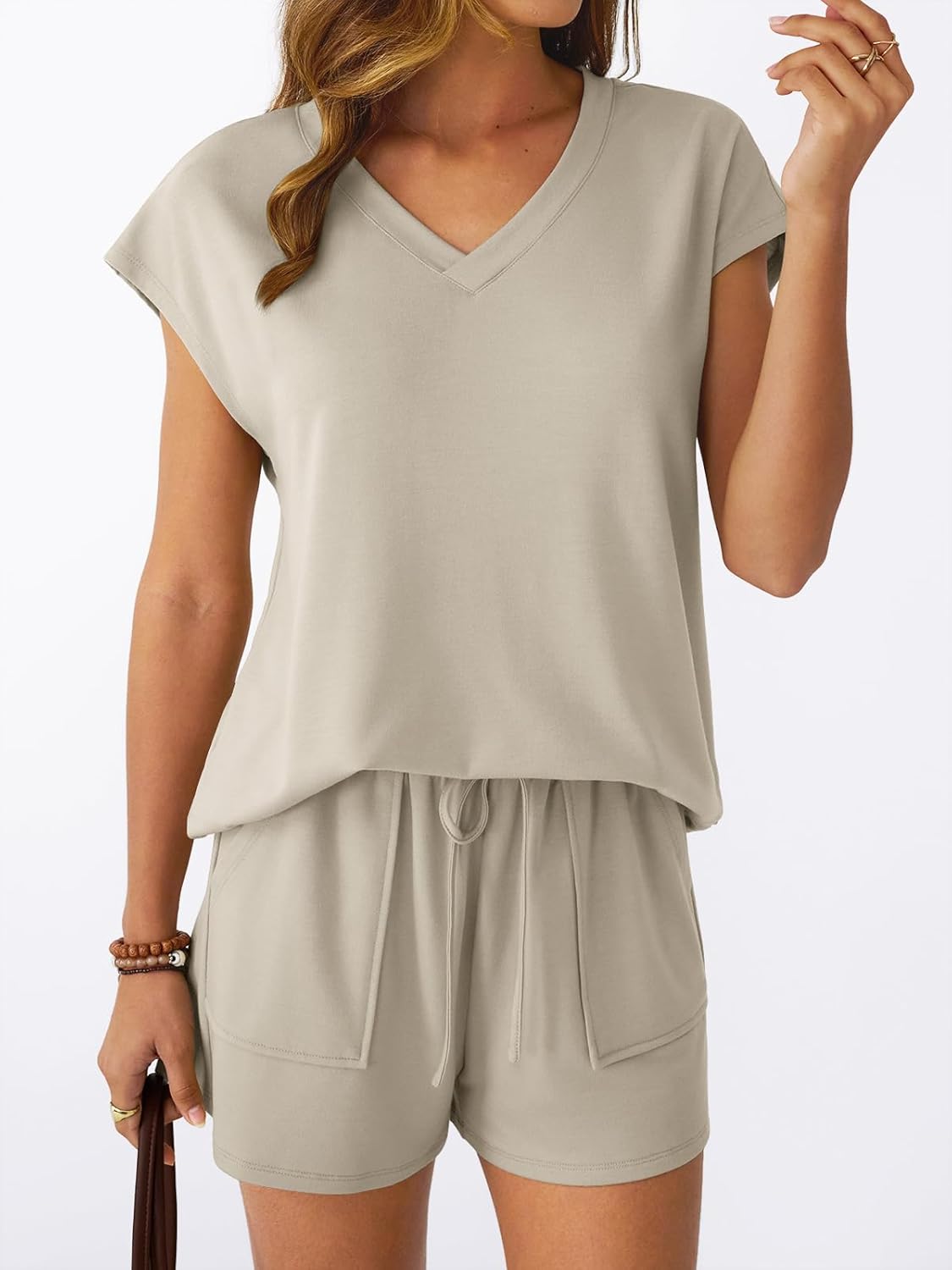 2 Piece V Neck Cap Sleeve Shirt and Shorts Set Womens Matching Summer Lounge Sets