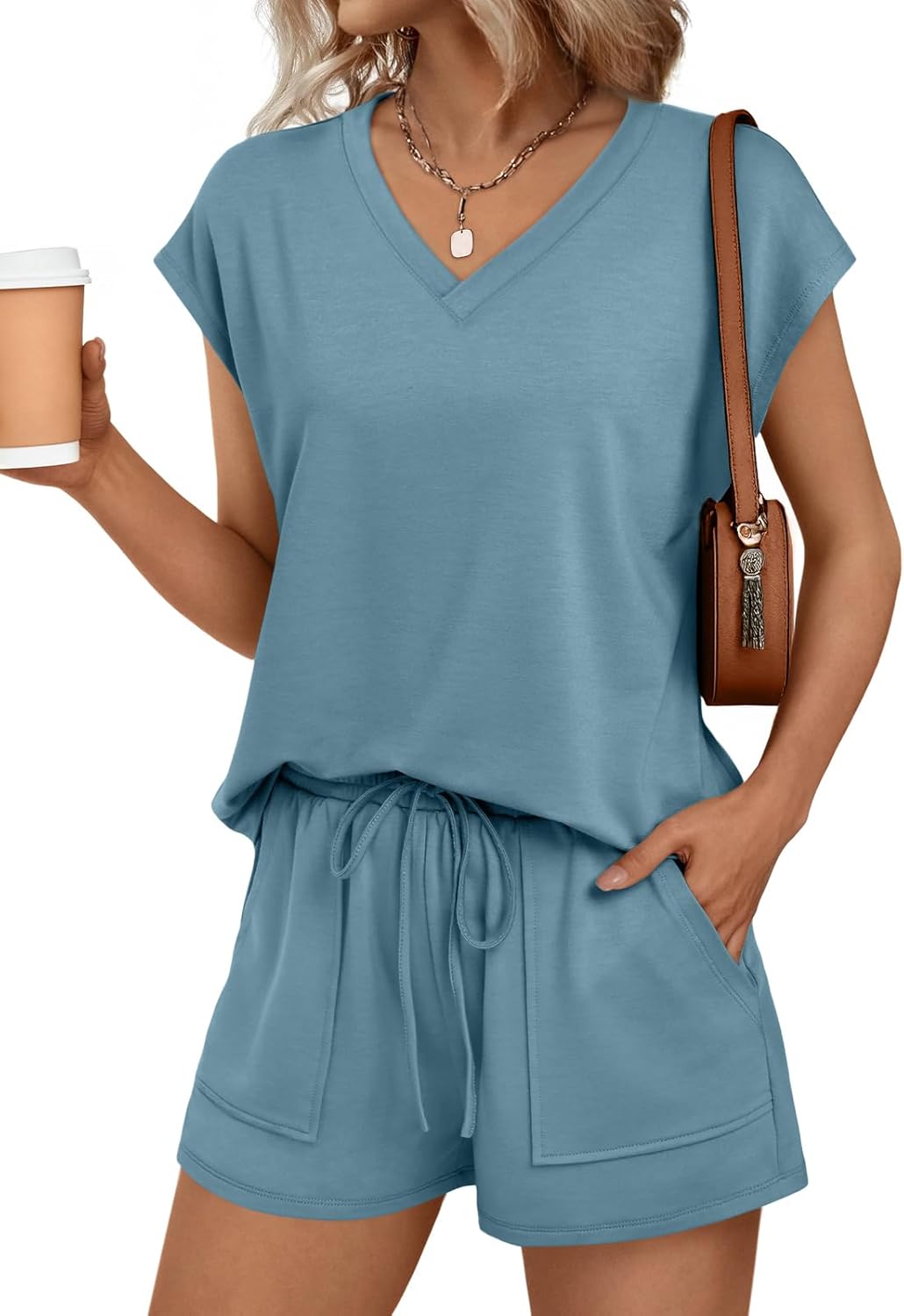 2 Piece V Neck Cap Sleeve Shirt and Shorts Set Womens Matching Summer Lounge Sets