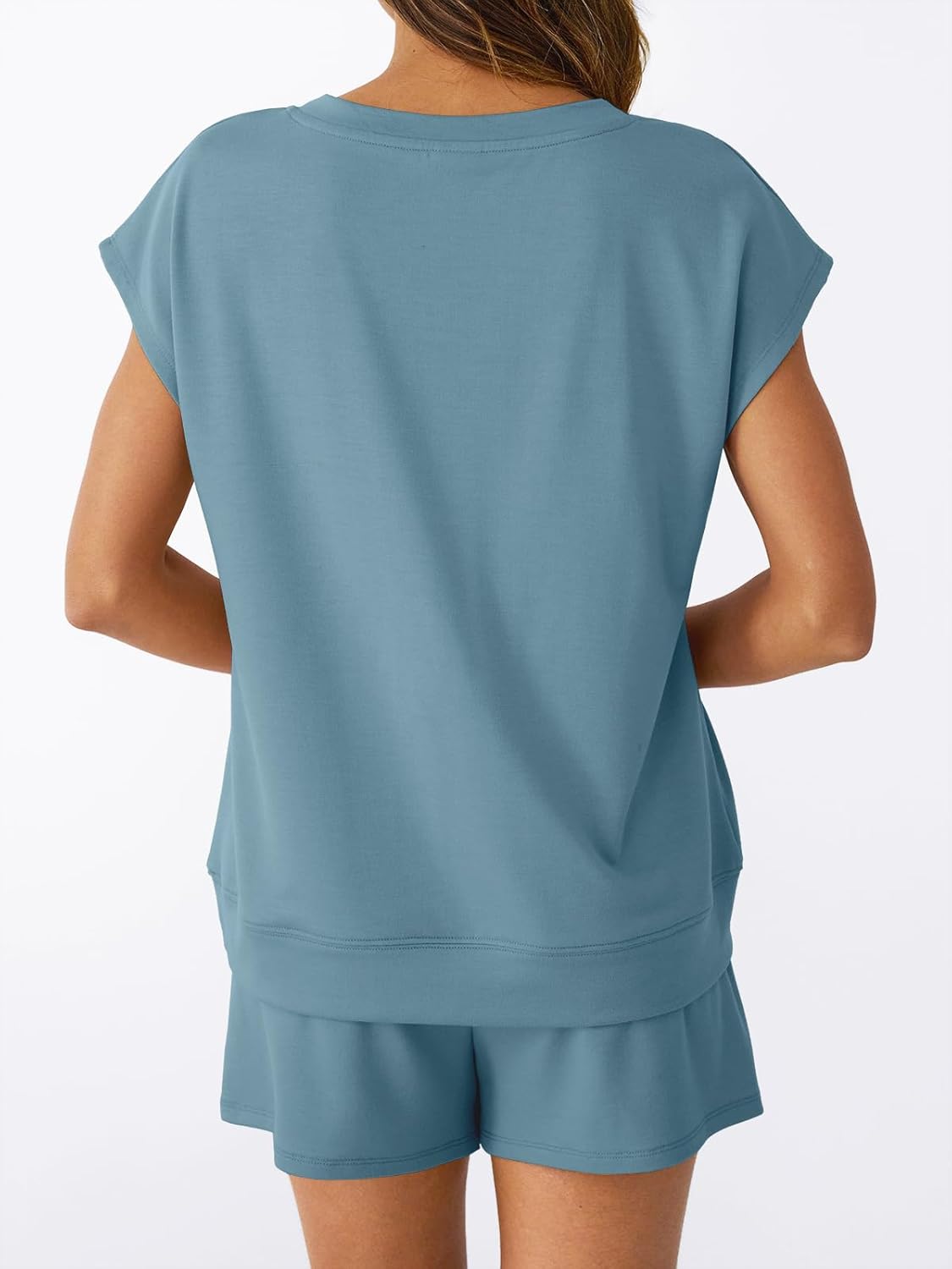 2 Piece V Neck Cap Sleeve Shirt and Shorts Set Womens Matching Summer Lounge Sets