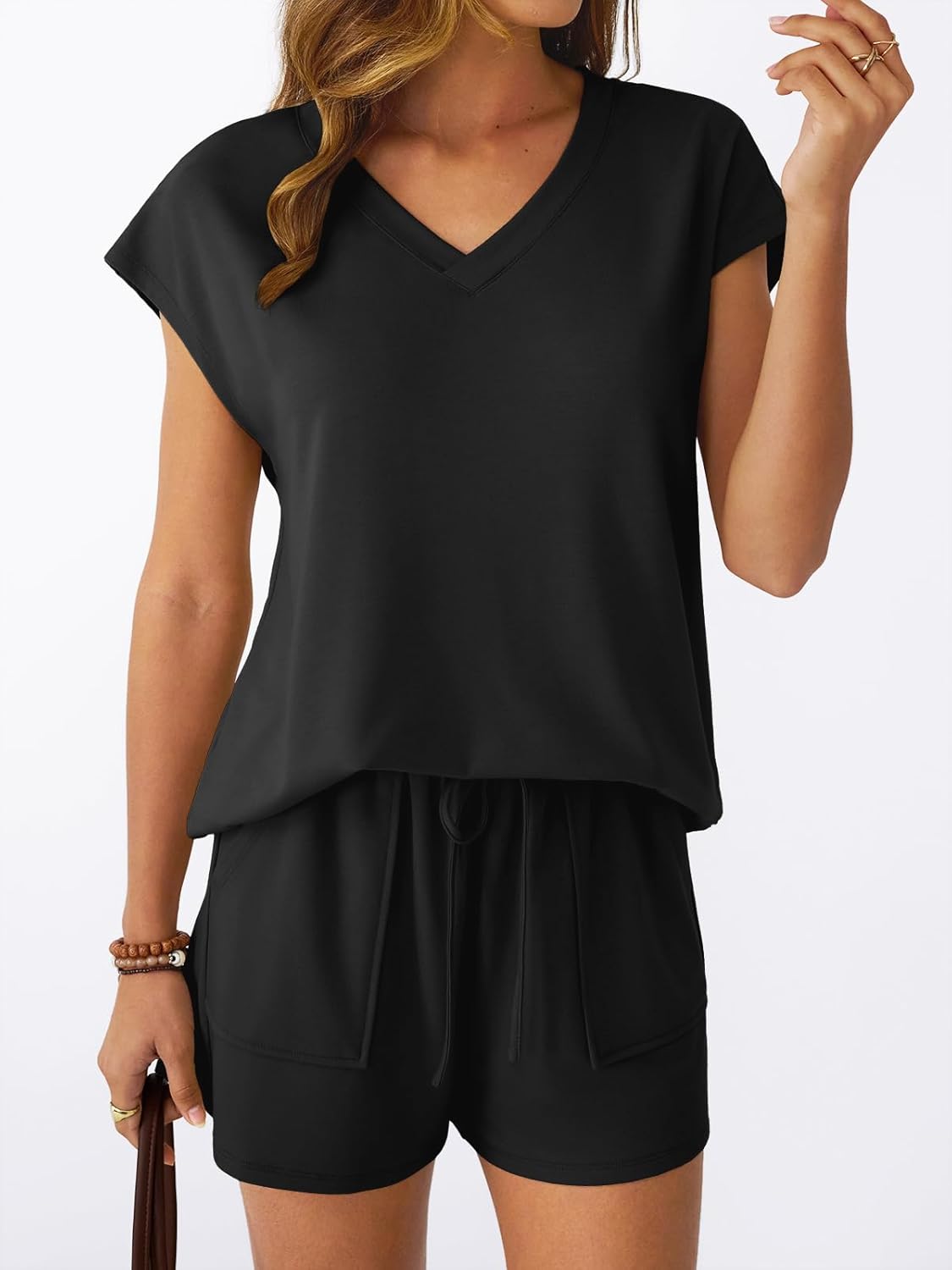 2 Piece V Neck Cap Sleeve Shirt and Shorts Set Womens Matching Summer Lounge Sets