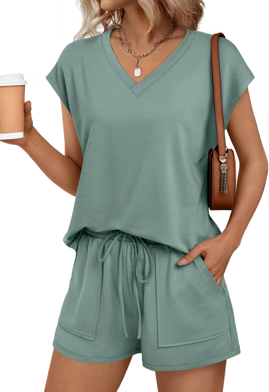 2 Piece V Neck Cap Sleeve Shirt and Shorts Set Womens Matching Summer Lounge Sets