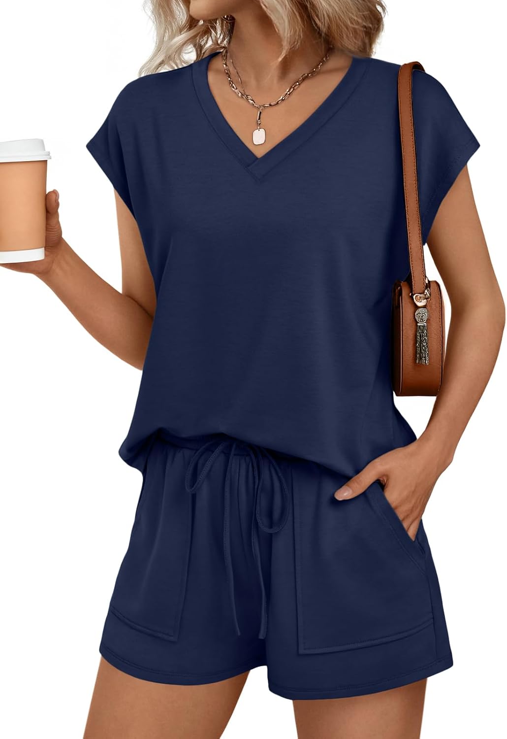 2 Piece V Neck Cap Sleeve Shirt and Shorts Set Womens Matching Summer Lounge Sets