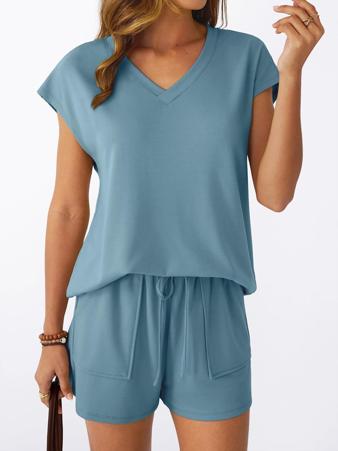 2 Piece V Neck Cap Sleeve Shirt and Shorts Set Womens Matching Summer Lounge Sets