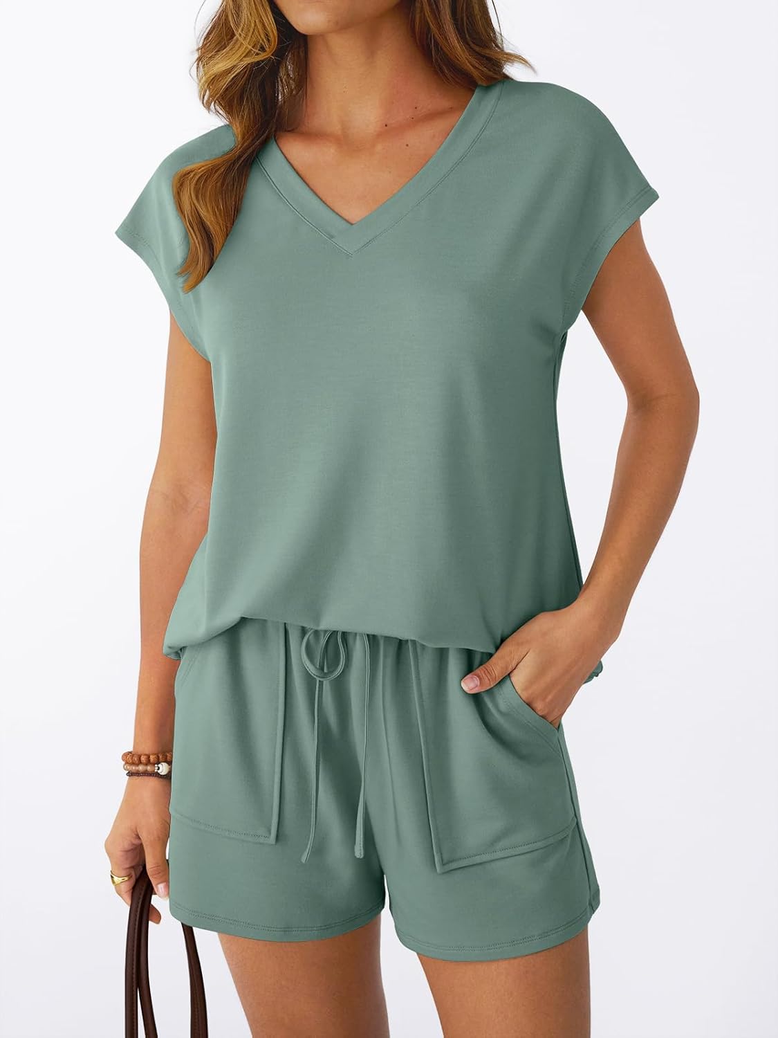 2 Piece V Neck Cap Sleeve Shirt and Shorts Set Womens Matching Summer Lounge Sets