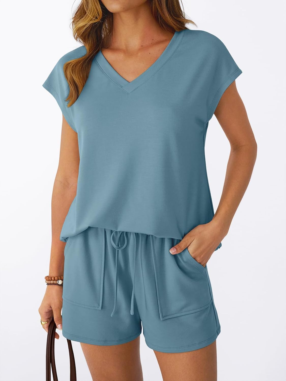 2 Piece V Neck Cap Sleeve Shirt and Shorts Set Womens Matching Summer Lounge Sets