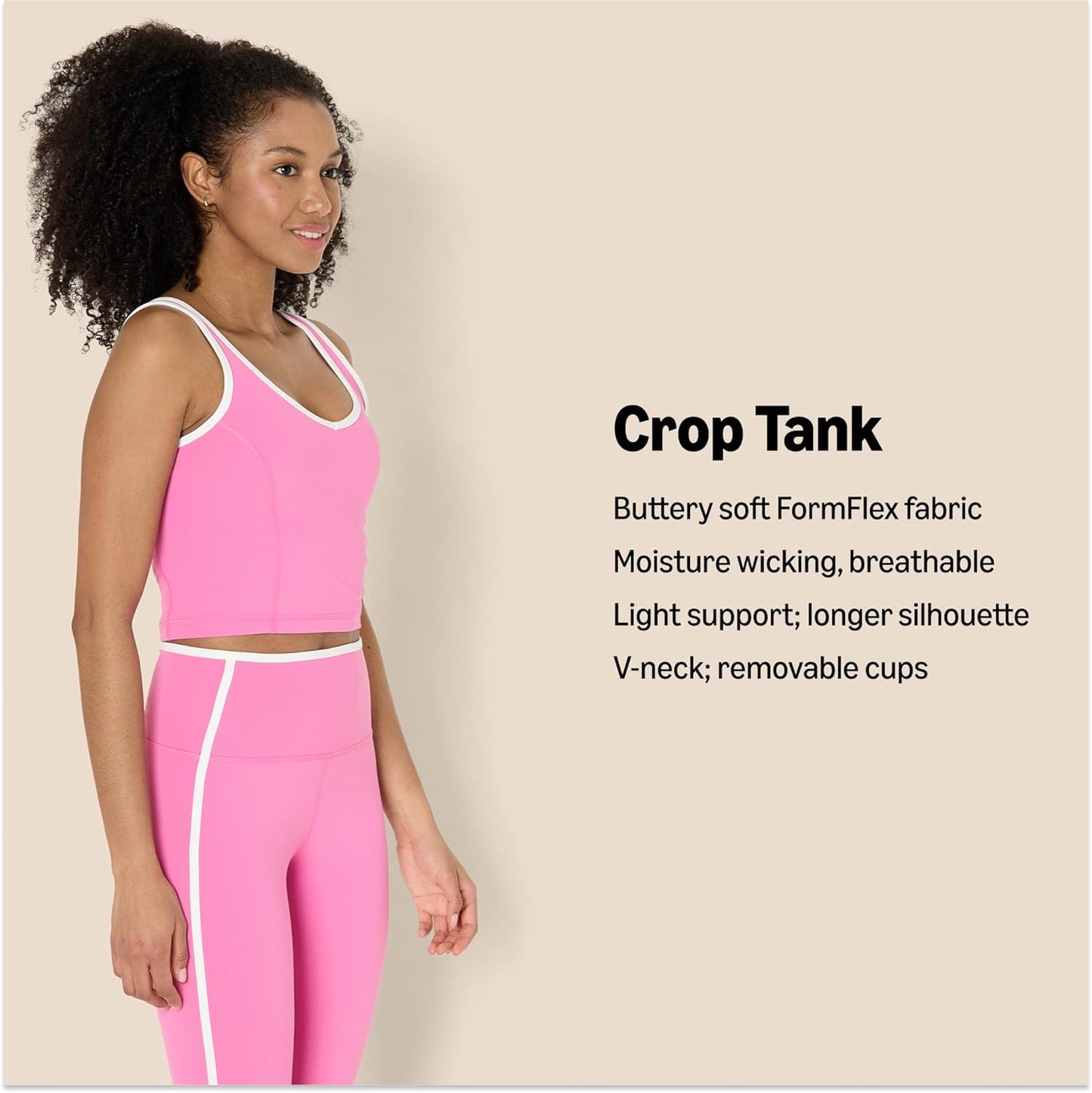 Womens Active FormFlex Buttery Soft Light Support Crop Tank with Bra and Contrast Trim