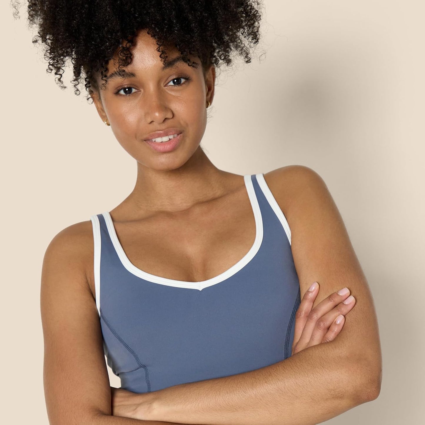 Womens Active FormFlex Buttery Soft Light Support Crop Tank with Bra and Contrast Trim
